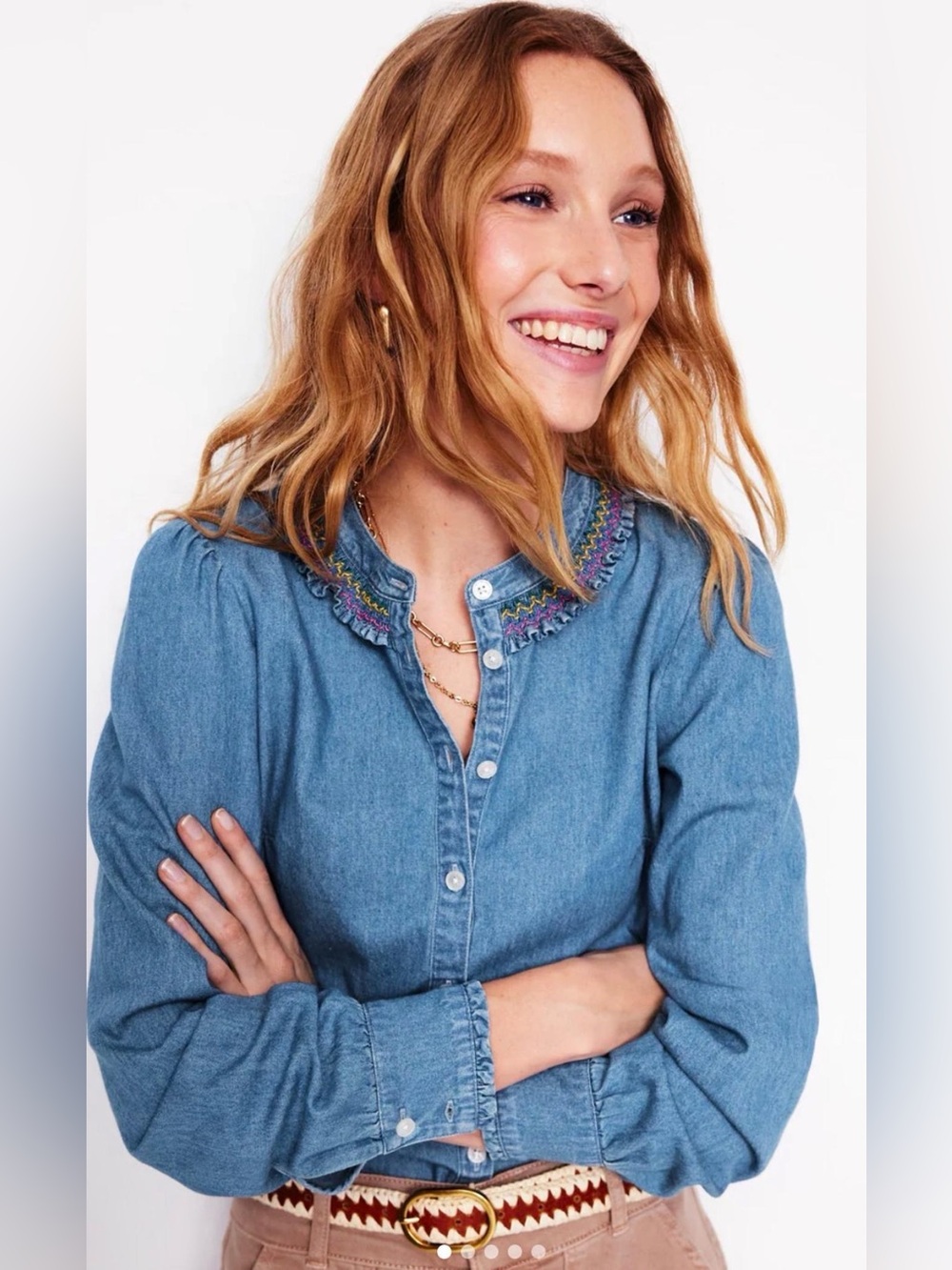 Boden Smocked Neck Denim Shirt Embroidered- NWOT Sz 2R